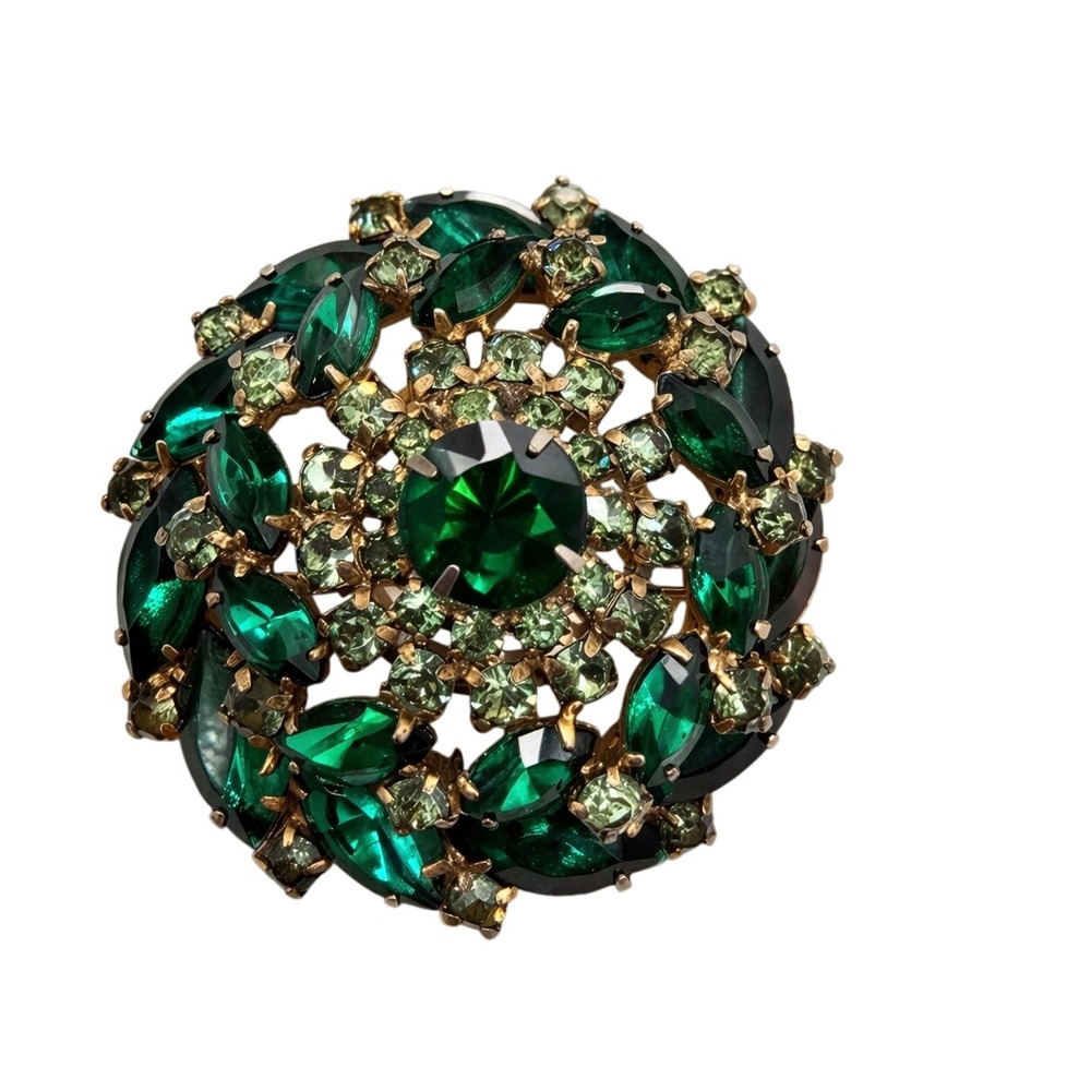 Vintage Green Rhinestone Brooch Dimensional Floral Juliana Style Gold Tone